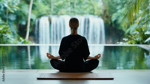 Woman in lotus pose near waterfall accepting soul purification and rebirth, self-acceptance and self-knowledge on retreat photo