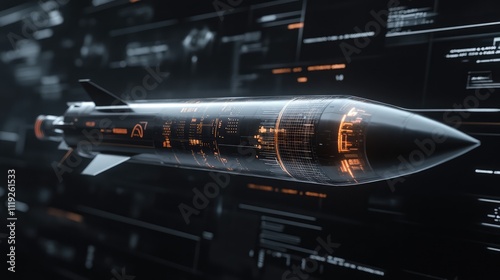 Futuristic Missile Technology: A sleek, high-tech missile with glowing orange digital displays, depicting intricate internal circuitry and advanced targeting systems. photo