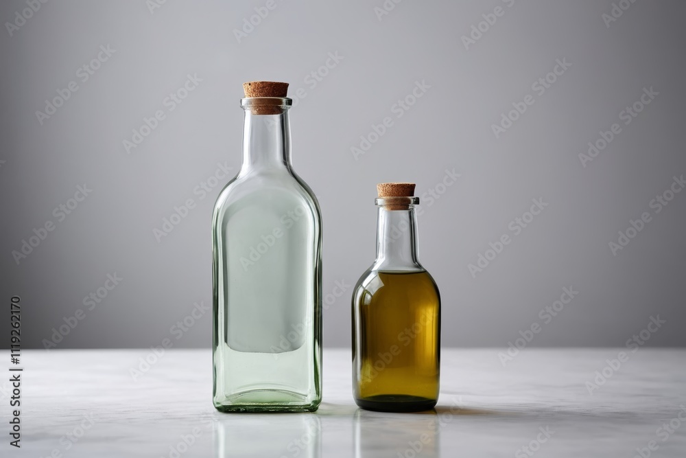bottles of olive oil and vinegar on a table with a gray background