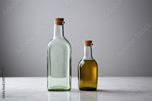 bottles of olive oil and vinegar on a table with a gray background