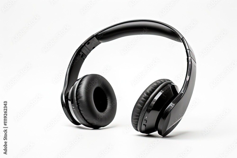 Wireless Black Headphones Isolated on Clean White Background. Front Side View of New Plastic Earphones