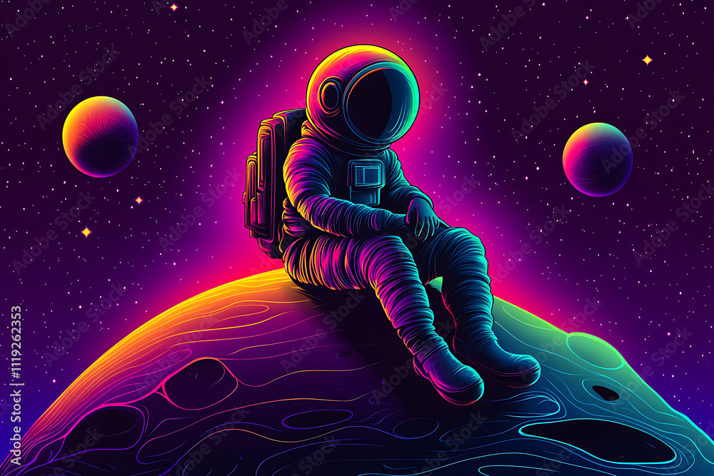 An astronaut sits on a colorful planet, surrounded by vibrant cosmic elements. An astronaut sits on a colorful planet, surrounded by vibrant cosmic elements.