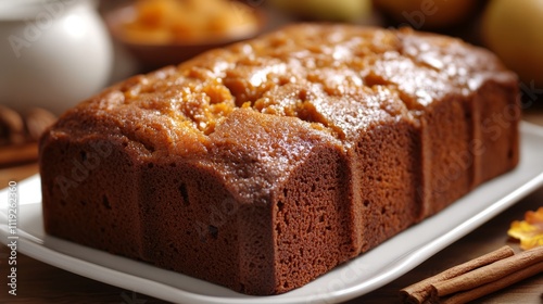 Freshly Baked Pumpkin Spice Cake with Glossy Glaze on White Plate