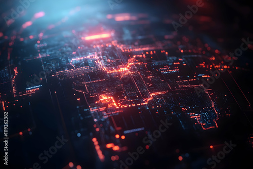 Abstract digital circuit board glowing with red and blue light.