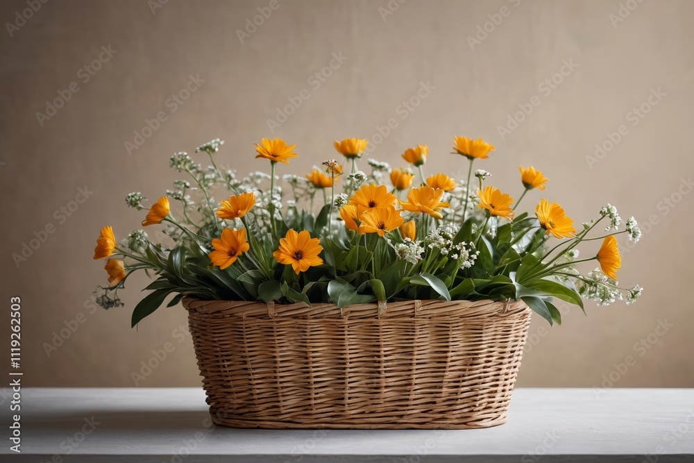 there is a basket with yellow flowers in it on a table