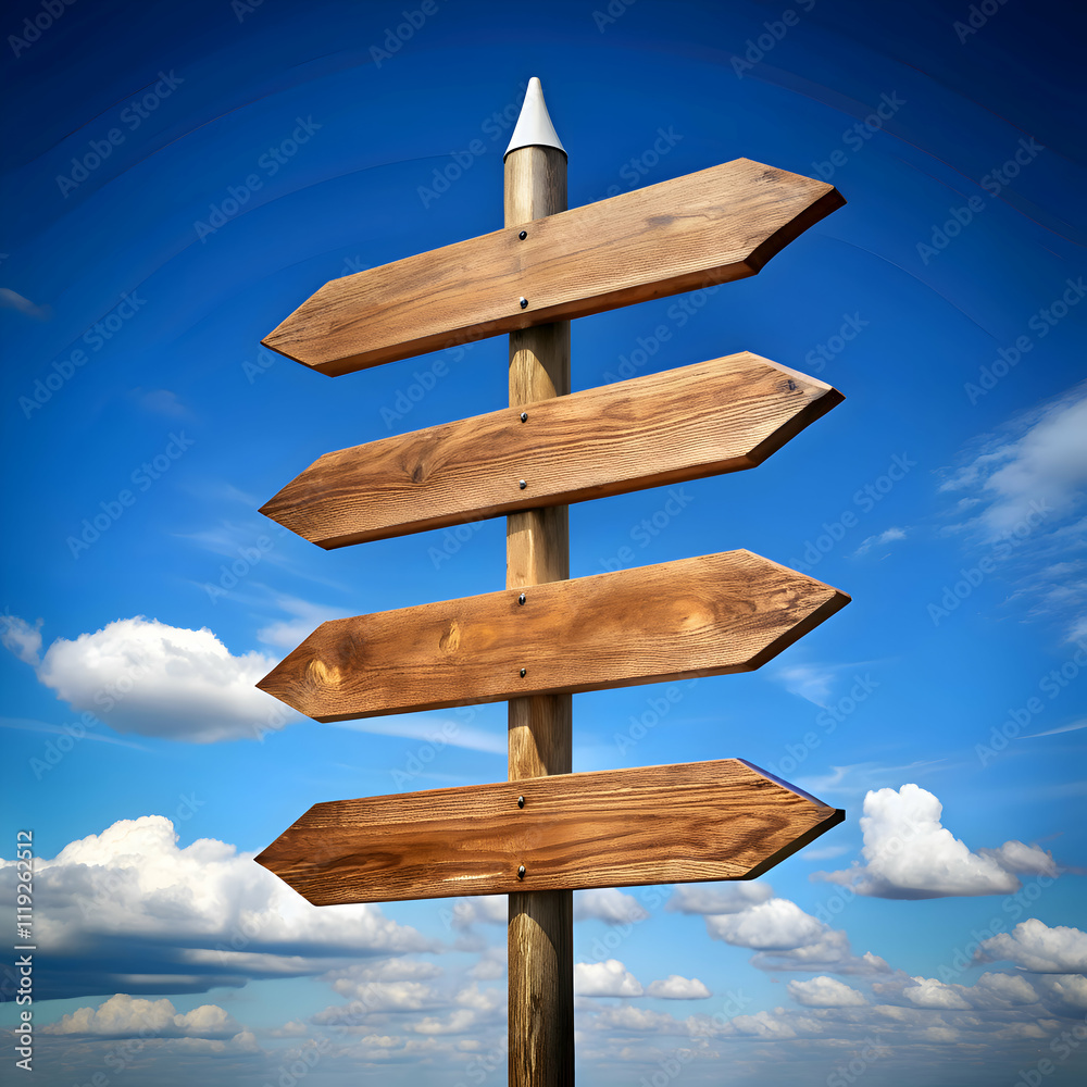 Wooden Signpost Against a Blue Sky with Clouds. A Symbol of Travel and New Directions Wooden Signpost Against a Blue Sky with Clouds. A Symbol of Travel and New Directions
