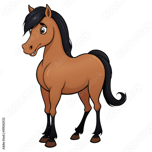 Friendly Brown Horse Illustration with Bold Outlines. Bring charm to your designs with this animated brown horse clipart! Its bold black outlines, cheerful expression, and detailed black mane and tail photo