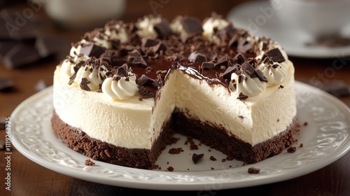 Delicious chocolate cheesecake with creamy filling and chocolate shavings