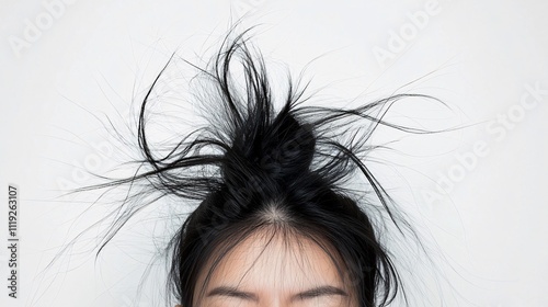 Close-up of a woman's messy, wet, dark hair in a bun on a white background. Generative ai photo