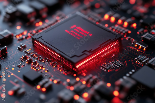 Close-up of a CPU on a circuit board with red lights. (1)