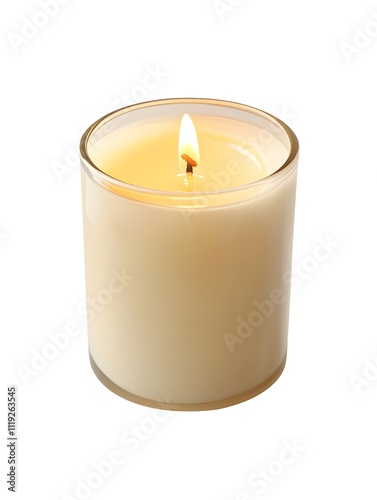 A single burning candle in a glass container