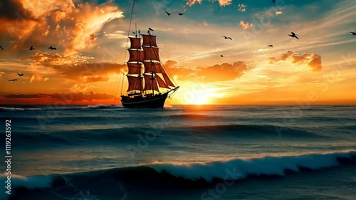 Majestic sailing ship navigating the vast ocean during a vibrant sunset, with birds in flight.