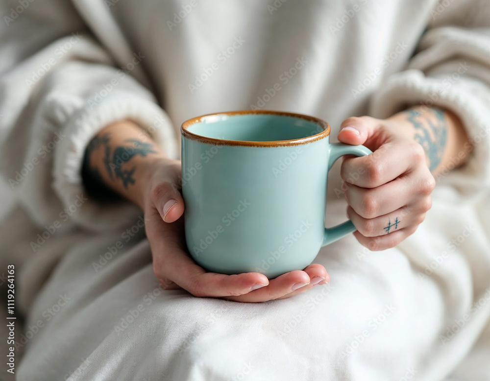 A Person With Tattoos Holding a Warm Ceramic Mug Mockup A Person With Tattoos Holding a Warm Ceramic Mug Mockup