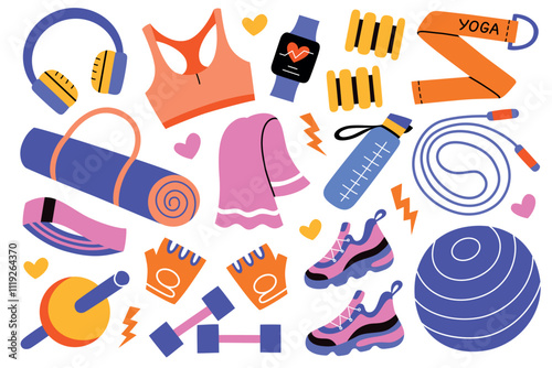 Fitness vector illustration set, gym equipment and female accessories. Dumbbells, sneakers, yoga mat, water bottle, smartwatch, towel, resistance band, and foam roller in cartoon flat style