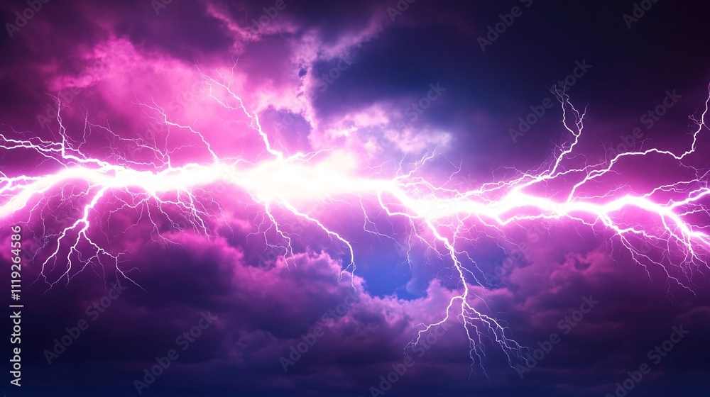 Dramatic pink and blue lightning strike across a stormy sky. Dramatic pink and blue lightning strike across a stormy sky.