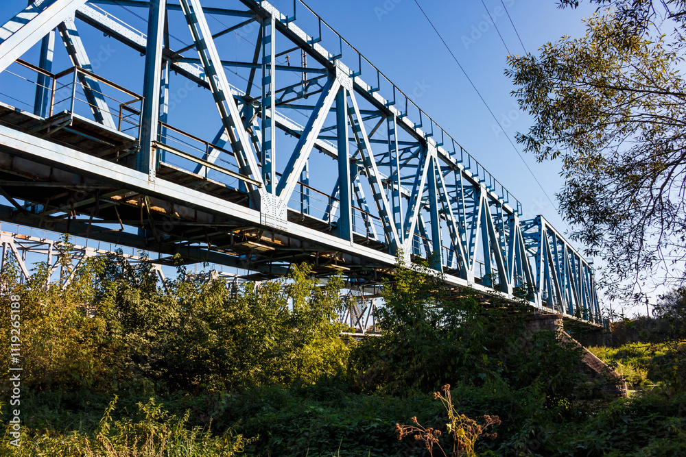 Fototapeta premium Construction of a railway bridge laid across a river, view from below