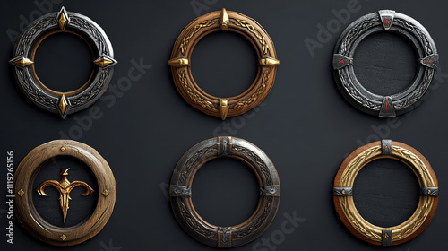 Circle game frames, ui rank or avatar round borders. Wooden, metal, bronze, silver, golden and platinum decor. Cartoon isolated graphic design gui elements for medieval rpg game or app, Vector set photo