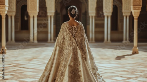 A regal bride in a royal cape wedding dress, standing in a palace courtyard 