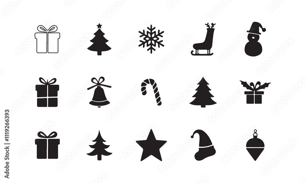 Fototapeta premium Christmas icons set: festive black silhouettes. Vector clipart for holiday designs.