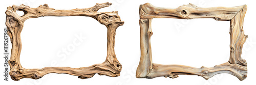 Set of a wooden driftwood frame, isolated on a transparent background. photo