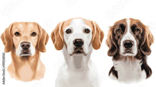Three Loyal Companions: A digital painting of three dogs, each with their unique personalities and colors, looking directly at the viewer. They are portrayed in a realistic style.  