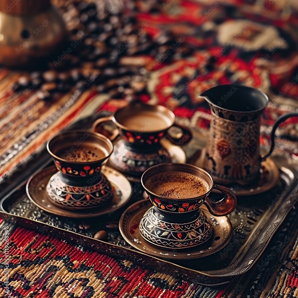 Turkish coffee cups on a tray with beans and cezve. Turkish coffee cups on a tray with beans and cezve.