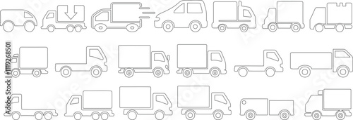 Delivery truck line art, featuring various vehicle outlines like cargo trucks, vans, and trailers icon. Minimalist design for transport, logistics, and shipping related projects