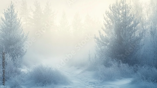 Welcoming New Year 2025 presented in a soft, misty forest scene, with elegant, cursive letters in a pale, ghostly white.