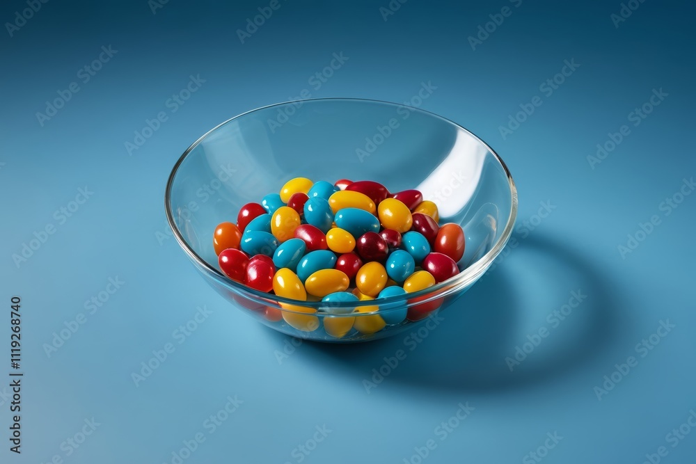 there is a bowl of jelly beans on a blue surface there is a bowl of jelly beans on a blue surface