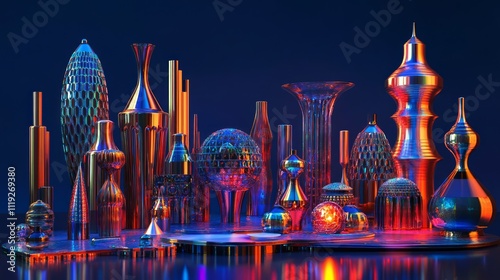 Futuristic city skyline with vibrant, metallic structures under colorful lighting.