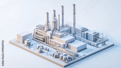 Isometric view of a simplified white industrial factory model. Generative ai