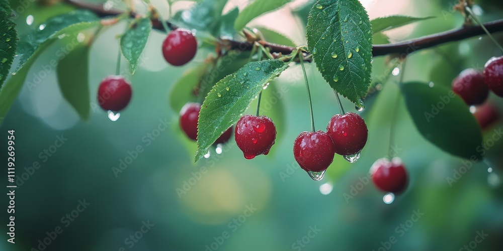 Soft focus image of red cherries, showcasing wet cherries adorned with dew and raindrops on a branch, surrounded by lush green leaves against a blurred background and sky. Soft focus image of red cherries, showcasing wet cherries adorned with dew and raindrops on a branch, surrounded by lush green leaves against a blurred background and sky.