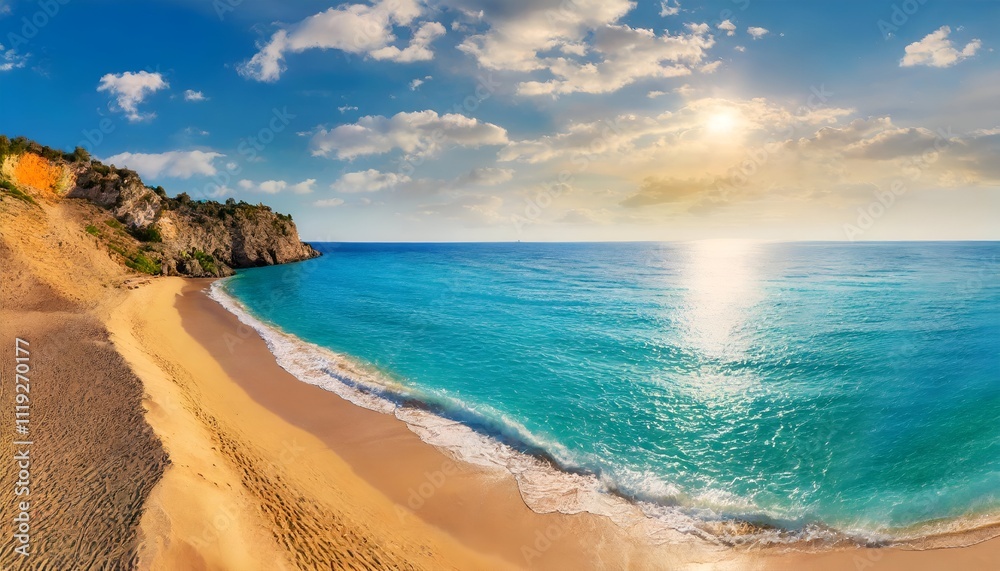Sunny gold sandy beach, panorama. Panoramic view tranquil sandy beach. Peaceful sea waves shore. Ocean coast view. Aerial photography beachfront.Seaside exotic tropical Mediterranean nature background Sunny gold sandy beach, panorama. Panoramic view tranquil sandy beach. Peaceful sea waves shore. Ocean coast view. Aerial photography beachfront.Seaside exotic tropical Mediterranean nature background