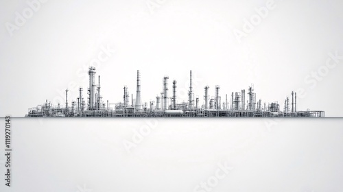 Linear illustration of an industrial refinery complex against a light grey background. Generative ai
