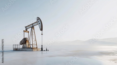 Lone oil pump jack in a vast, misty landscape.