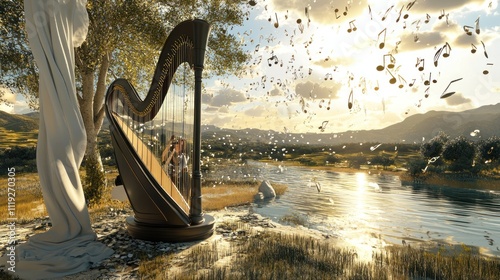 A serene landscape featuring a harp beside a river, with musical notes floating in the air.