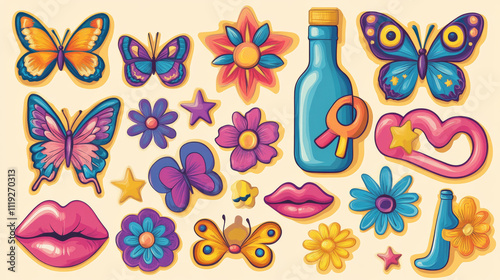 Set of retro 70s groovy stickers isolated on white background. Vector illustration of colorful funky patches in form of butterfly, star, peace sign, lips, flower, bottle and female hippie character photo