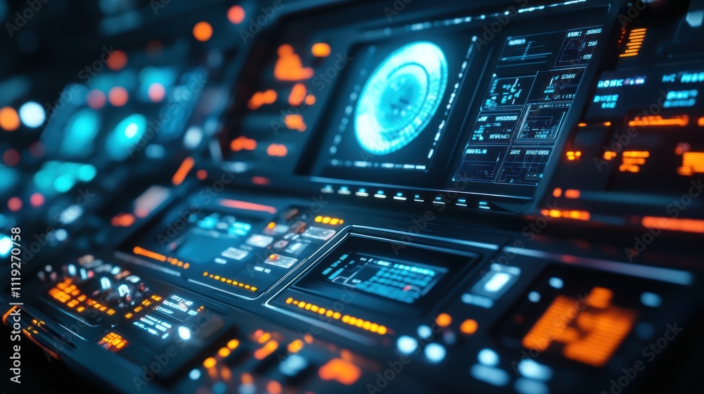 Futuristic control panel with glowing displays and buttons, suggesting advanced technology. Futuristic control panel with glowing displays and buttons, suggesting advanced technology.
