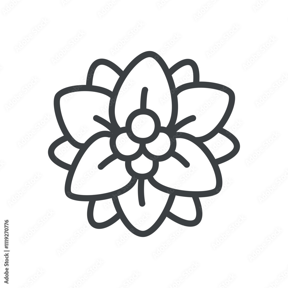 Kawaii poinsettia icon. Hand drawn monochrome illustration of a Christmas traditional flower isolated on a white background. Cute winter holiday sticker. Vector 10 EPS.