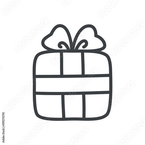 Kawaii gift box icon. Hand drawn monochrome illustration of a Christmas present isolated on a white background. Cute winter holiday sticker. Vector 10 EPS.