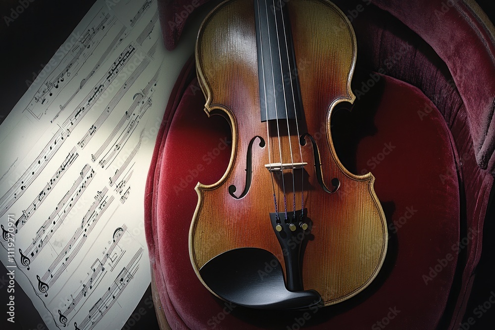 A violin rests on a plush surface beside music sheets, symbolizing musical artistry. A violin rests on a plush surface beside music sheets, symbolizing musical artistry.