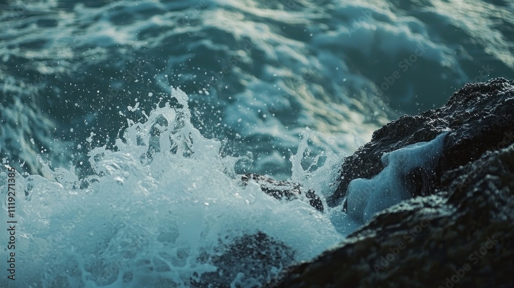 Obraz premium A close-up of ocean waves crashing against rocks, showing the power and beauty of the sea