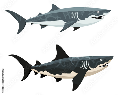 Two Sharks in Minimalist Style Flat Vector Illustration