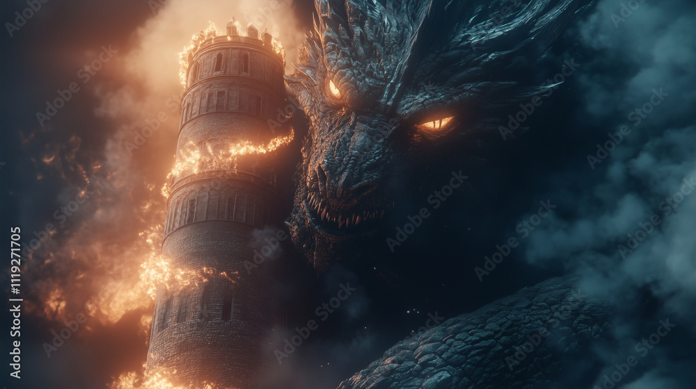 Fototapeta premium A mystical dragon coiled around an ancient tower, with glowing eyes and smoke emanating from its nostrils