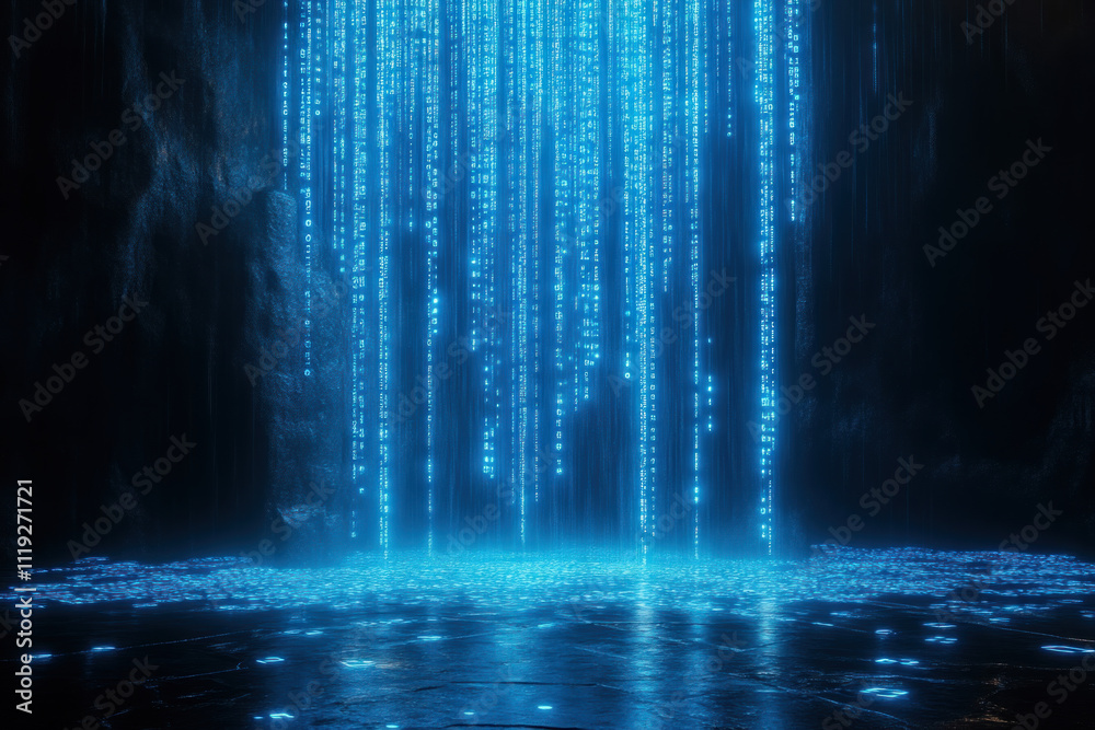 Blue glowing digital data waterfall in a dark cave. Blue glowing digital data waterfall in a dark cave.