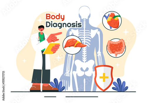 Body Diagnosis Vector Illustration featuring an X-ray Machine and MRI Scanner Examining the Human Body for Organ and Joint Health in a Flat Background
