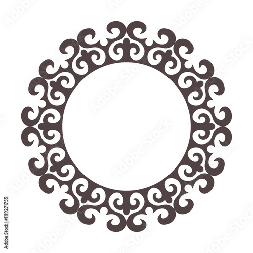Circle Turkic frame, workpiece for your design. Ornamental elements and motifs of Turkic, Kazakh, Kyrgyz, Uzbek, national Asian decor for plate, textile, print design, embroidery. Round Turkic frame. 