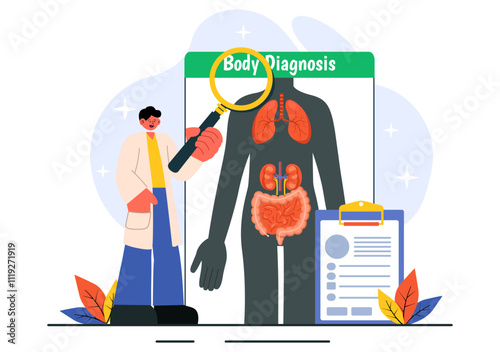 Body Diagnosis Vector Illustration featuring an X-ray Machine and MRI Scanner Examining the Human Body for Organ and Joint Health in a Flat Background