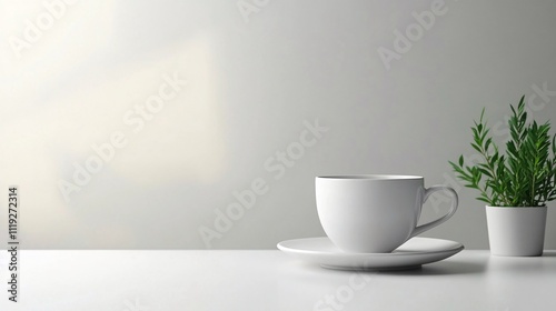 Wallpaper Mural Minimalist scene white coffee cup and saucer with small potted plant on white table against a light gray wall. Generative ai Torontodigital.ca