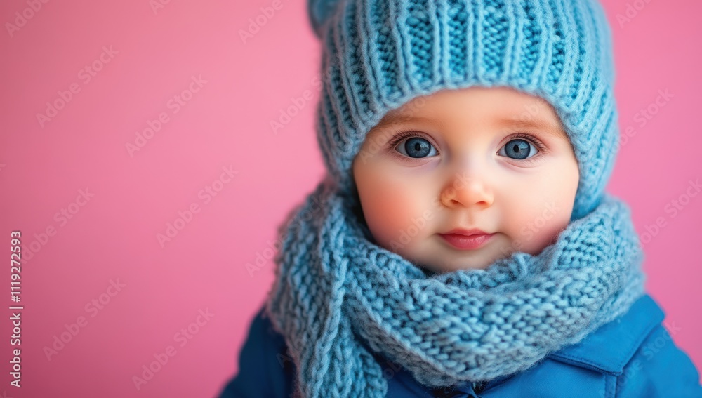 Cute Baby in Blue Knitted Hat and Scarf Cute Baby in Blue Knitted Hat and Scarf